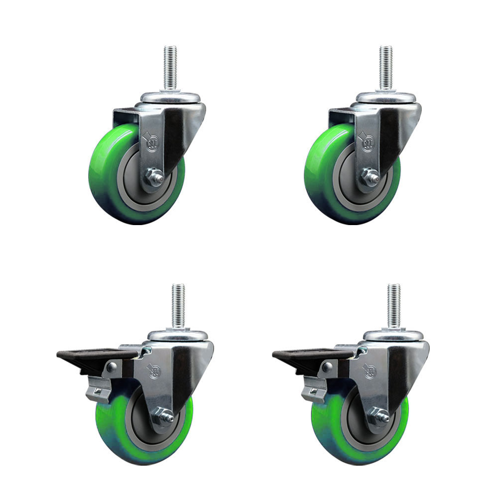Polyurethane Swivel Threaded Stem Caster Set of 4 w/3.5" x 1.25" Green Wheels and 3/4" Stems - Includes 2 with Posi Locking Brake - 1,200 lbs Total Capacity - Service Caster Brand — photo 1