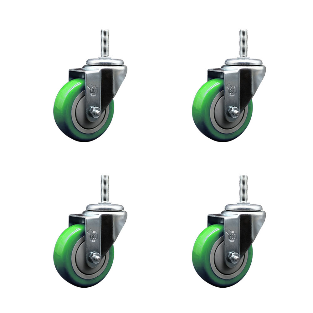 Polyurethane Swivel Threaded Stem Caster Set of 4 w/3.5" x 1.25" Green Wheels and 3/4" Stems - Includes 4 Swivel - 1,200 lbs Total Capacity - Service Caster Brand — photo 1