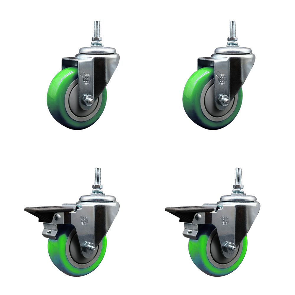 Polyurethane Swivel Threaded Stem Caster Set of 4 w/3.5" x 1.25" Green Wheels and 3/8" Stems - Includes 2 with Posi Locking Brake - 1,200 lbs Total Capacity - Service Caster Brand — photo 1