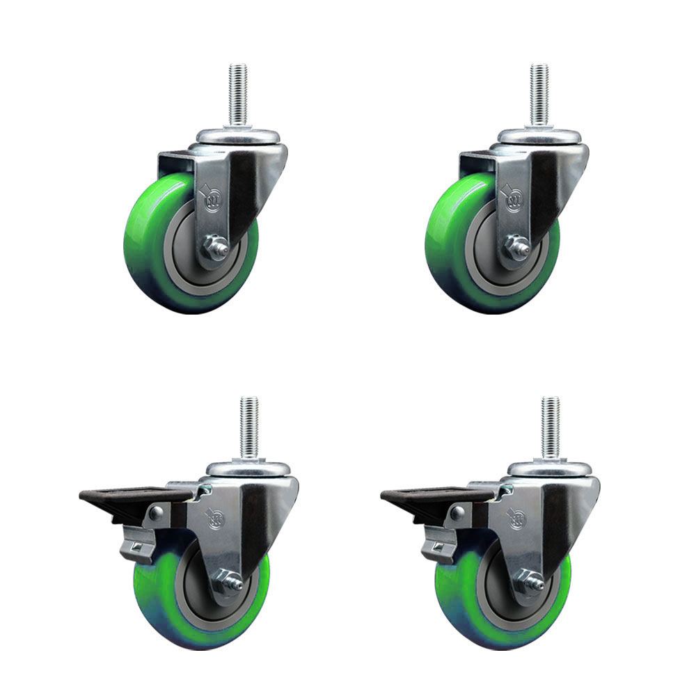 Polyurethane Swivel Threaded Stem Caster Set of 4 w/3.5" x 1.25" Green Wheels and 5/8" Stems - Includes 2 with Posi Locking Brake - 1,200 lbs Total Capacity - Service Caster Brand — photo 1
