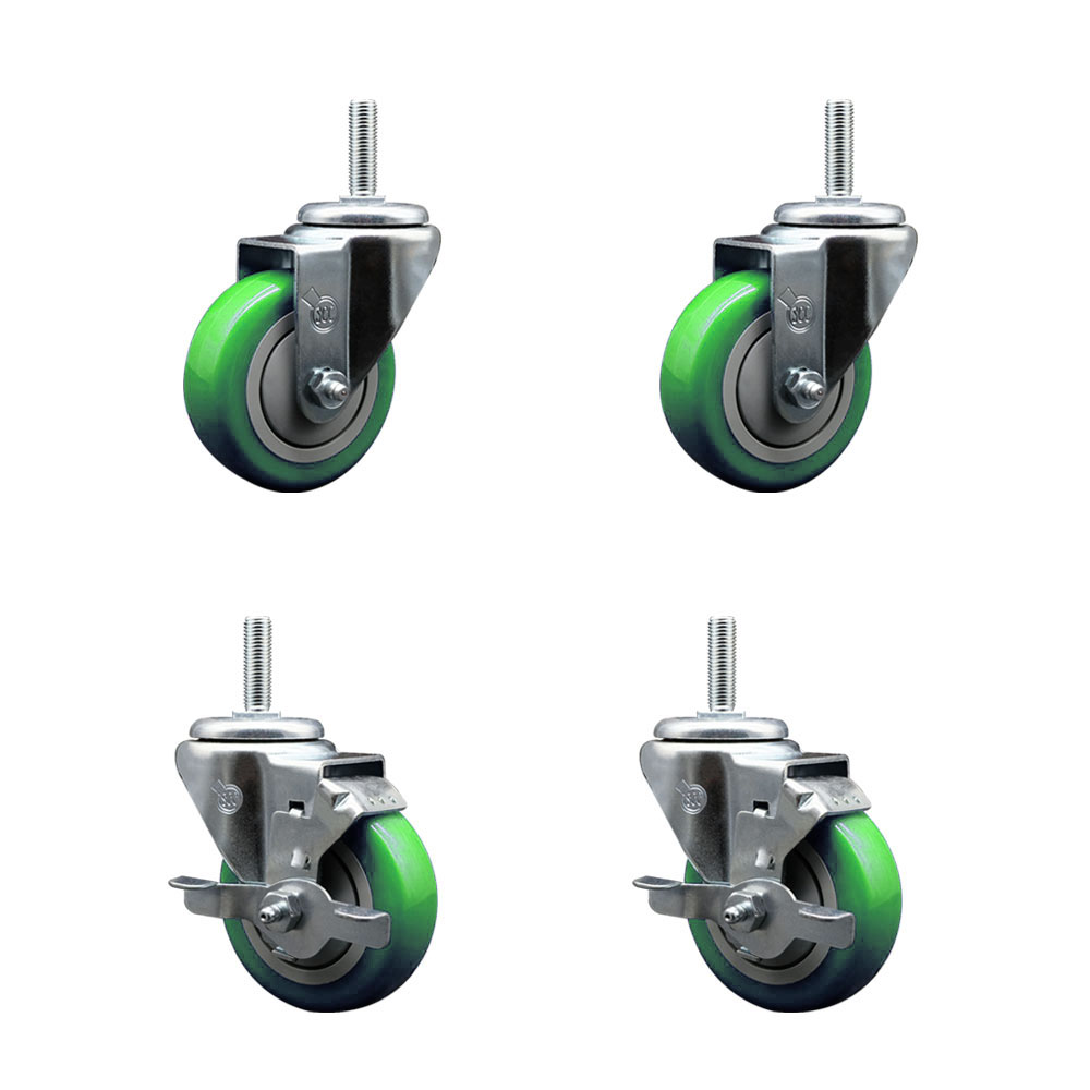Polyurethane Swivel Threaded Stem Caster Set of 4 w/3.5" x 1.25" Green Wheels and 5/8" Stems - Includes 2 with Top Locking Brake - 1,200 lbs Total Capacity - Service Caster Brand — photo 1
