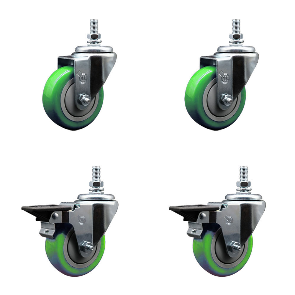 Polyurethane Swivel Threaded Stem Caster Set of 4 w/3.5" x 1.25" Green Wheels and 10MM Stems - Includes 2 with Posi Locking Brake - 1,200 lbs Total Capacity - Service Caster Brand — photo 1