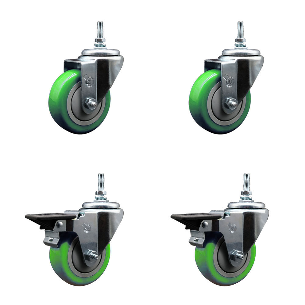 Polyurethane Swivel Threaded Stem Caster Set of 4 w/3.5" x 1.25" Green Wheels and 12MM Stems - Includes 2 with Posi Locking Brake - 1,200 lbs Total Capacity - Service Caster Brand — photo 1