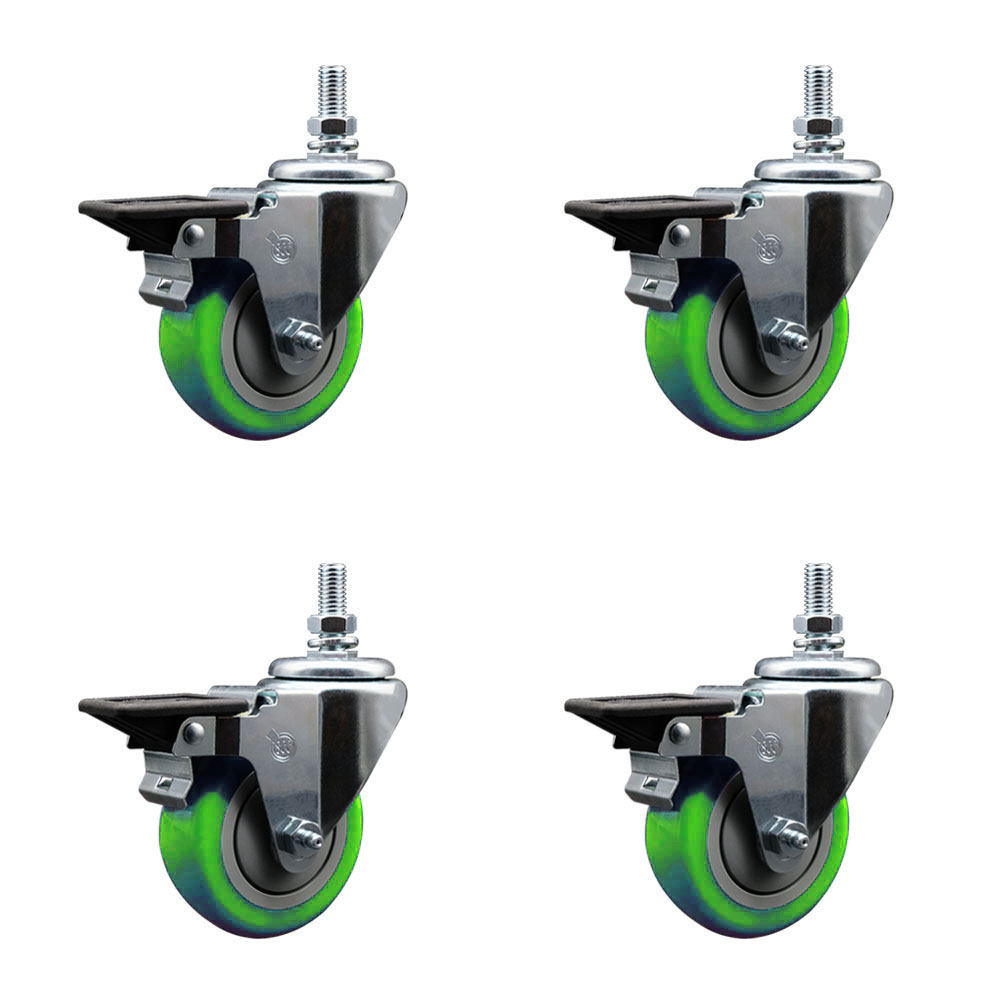 Polyurethane Swivel Threaded Stem Caster Set of 4 w/3.5" x 1.25" Green Wheels and 1/2" Stems - Includes 4 with Posi Lock Brakes - 1,200 lbs Total Capacity - Service Caster Brand — photo 1