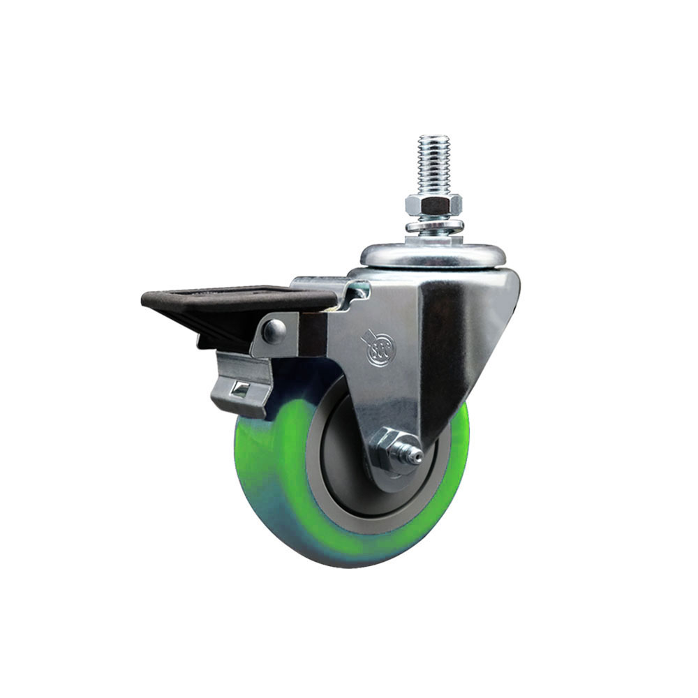 Polyurethane Swivel Threaded Stem Caster w/3.5" x 1.25" Green Wheel and 1/2" Stem & Posi Locking Brake - 300 lbs Capacity/Caster - Service Caster Brand — photo 1