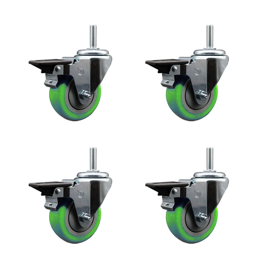 Polyurethane Swivel Threaded Stem Caster Set of 4 w/3.5" x 1.25" Green Wheels and 3/4" Stems - Includes 4 with Posi Lock Brakes - 1,200 lbs Total Capacity - Service Caster Brand — photo 1