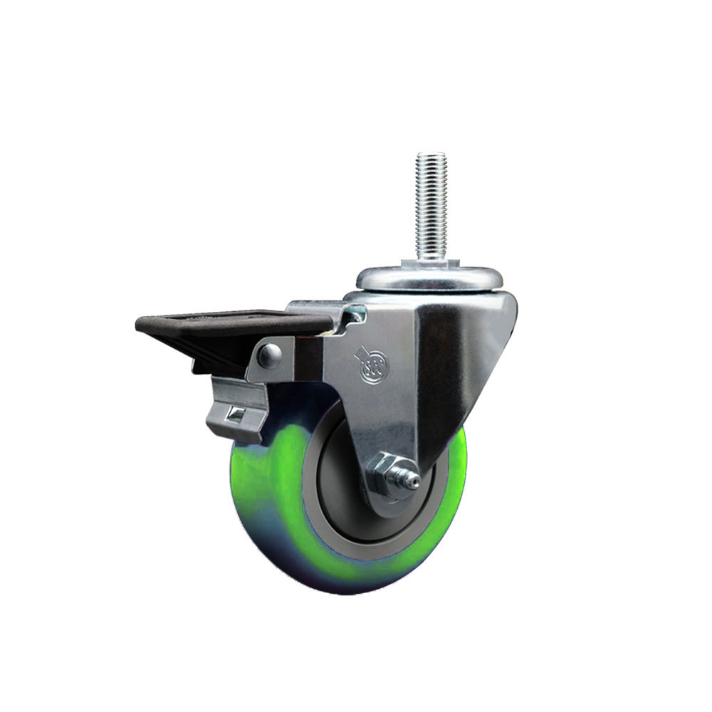 Polyurethane Swivel Threaded Stem Caster w/3.5" x 1.25" Green Wheel and 3/4" Stem & Posi Locking Brake - 300 lbs Capacity/Caster - Service Caster Brand — photo 1