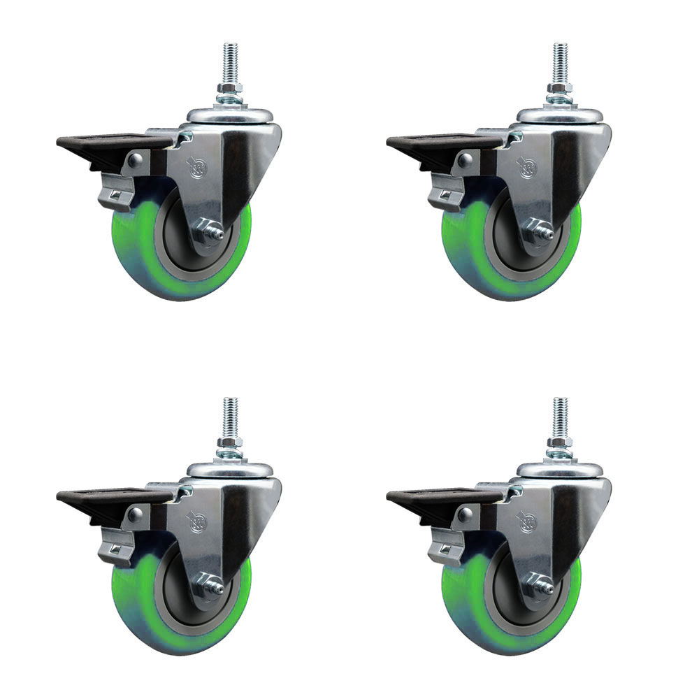Polyurethane Swivel Threaded Stem Caster Set of 4 w/3.5" x 1.25" Green Wheels and 3/8" Stems - Includes 4 with Posi Lock Brakes - 1,200 lbs Total Capacity - Service Caster Brand — photo 1