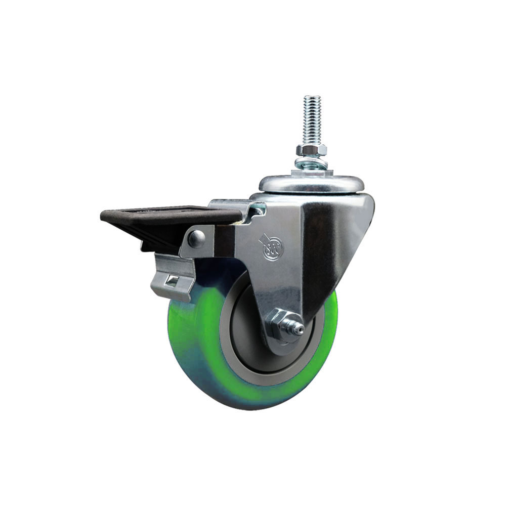 Polyurethane Swivel Threaded Stem Caster w/3.5" x 1.25" Green Wheel and 3/8" Stem & Posi Locking Brake - 300 lbs Capacity/Caster - Service Caster Brand — photo 1