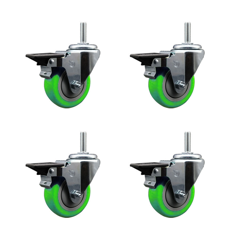 Polyurethane Swivel Threaded Stem Caster Set of 4 w/3.5" x 1.25" Green Wheels and 5/8" Stems - Includes 4 with Posi Lock Brakes - 1,200 lbs Total Capacity - Service Caster Brand — photo 1