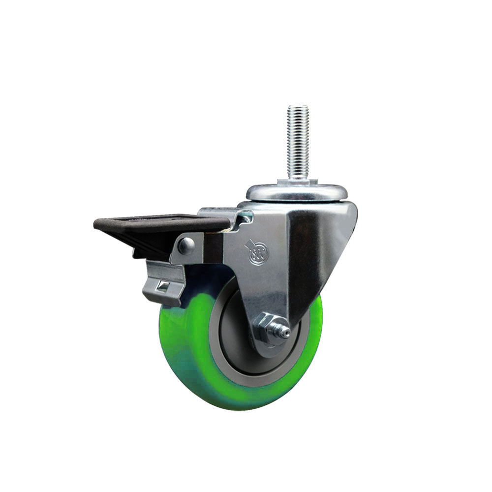 Polyurethane Swivel Threaded Stem Caster w/3.5" x 1.25" Green Wheel and 5/8" Stem & Posi Locking Brake - 300 lbs Capacity/Caster - Service Caster Brand — photo 1