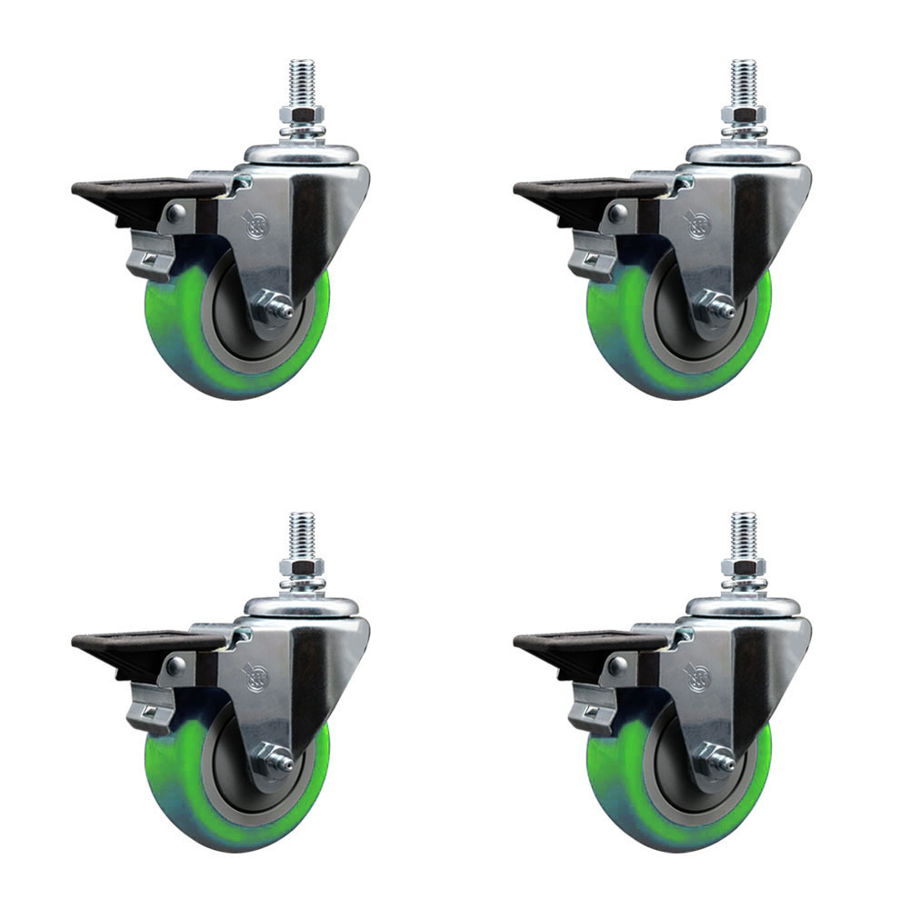 Polyurethane Swivel Threaded Stem Caster Set of 4 w/3.5" x 1.25" Green Wheels and 10MM Stems - Includes 4 with Posi Lock Brakes - 1,200 lbs Total Capacity - Service Caster Brand — photo 1