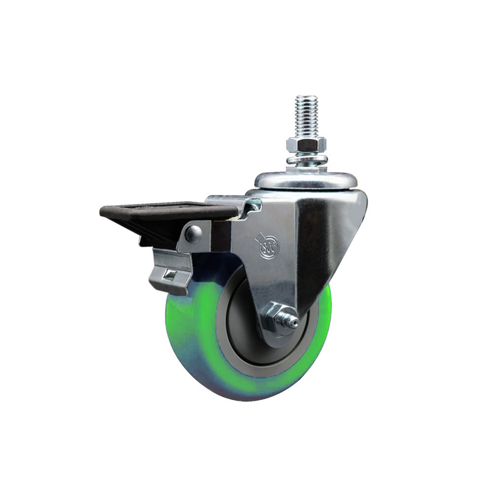 Polyurethane Swivel Threaded Stem Caster w/3.5" x 1.25" Green Wheel and 10MM Stem & Posi Locking Brake - 300 lbs Capacity/Caster - Service Caster Brand — photo 1