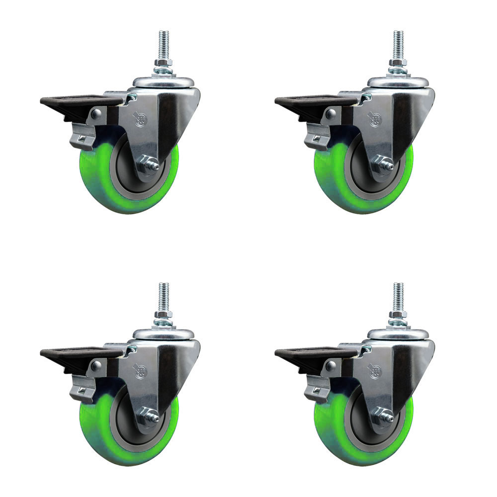 Polyurethane Swivel Threaded Stem Caster Set of 4 w/3.5" x 1.25" Green Wheels and 12MM Stems - Includes 4 with Posi Lock Brakes - 1,200 lbs Total Capacity - Service Caster Brand — photo 1