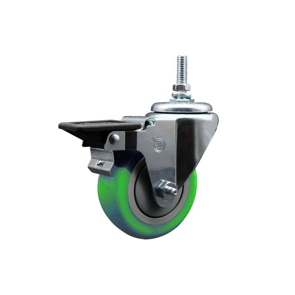Polyurethane Swivel Threaded Stem Caster w/3.5" x 1.25" Green Wheel and 12MM Stem & Posi Locking Brake - 300 lbs Capacity/Caster - Service Caster Brand — photo 1