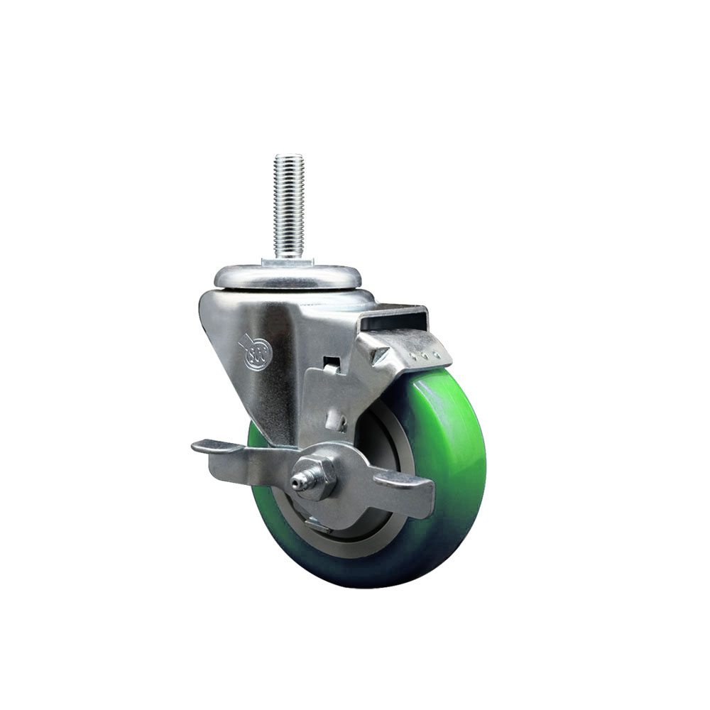 Polyurethane Swivel Threaded Stem Caster w/3.5" x 1.25" Green Wheel and 5/8" Stem & Top Locking Brake - 300 lbs Capacity/Caster - Service Caster Brand — photo 1