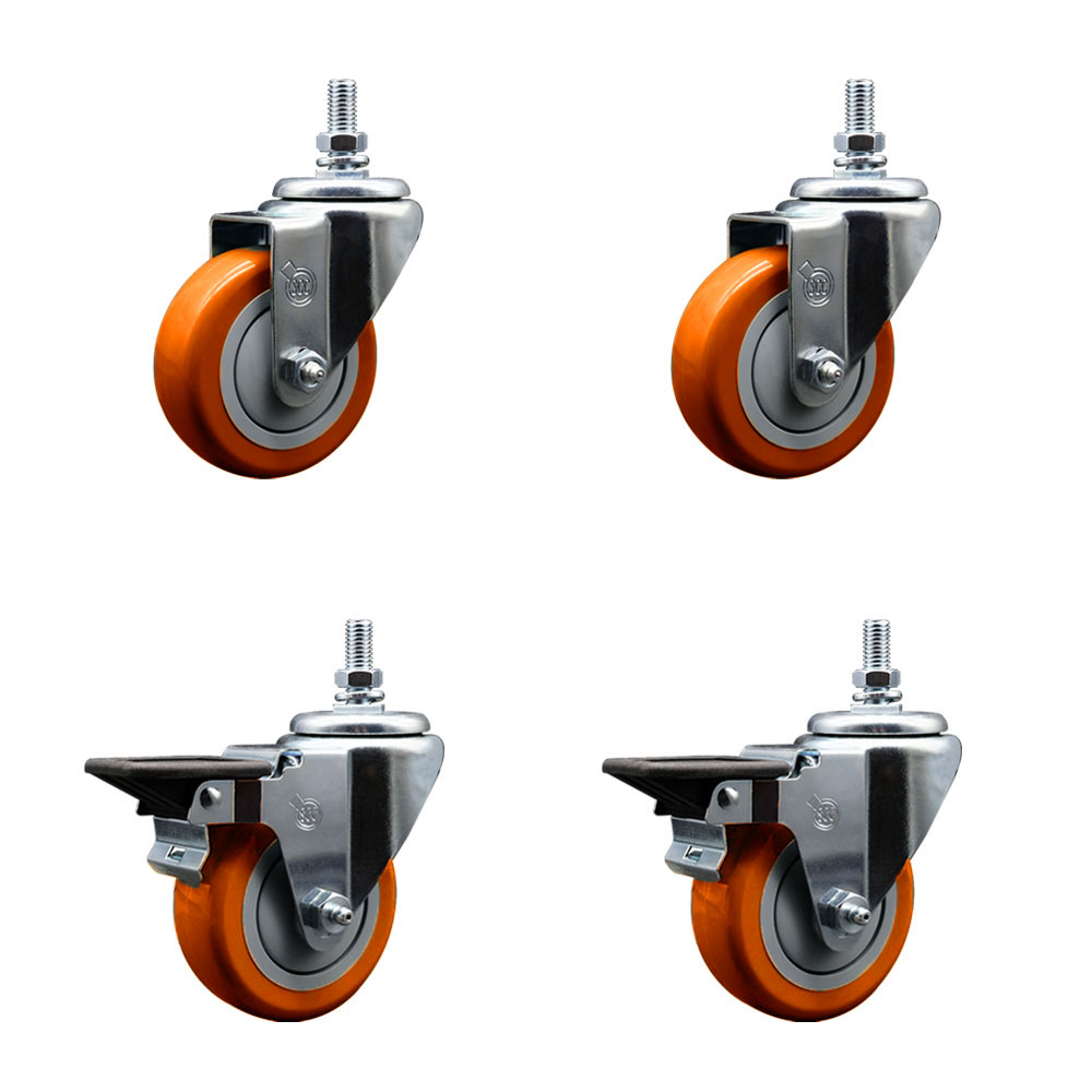 Polyurethane Swivel Threaded Stem Caster Set of 4 w/3.5" x 1.25" Orange Wheels and 10MM Stems - Includes 2 with Posi Locking Brake - 1,200 lbs Total Capacity - Service Caster Brand — photo 1
