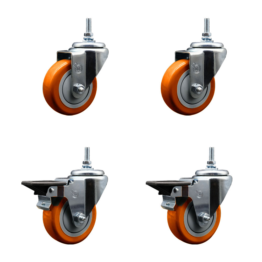 Polyurethane Swivel Threaded Stem Caster Set of 4 w/3.5" x 1.25" Orange Wheels and 12MM Stems - Includes 2 with Posi Locking Brake - 1,200 lbs Total Capacity - Service Caster Brand — photo 1