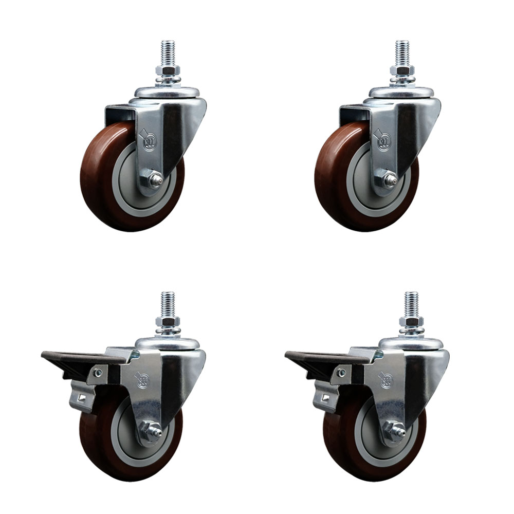 Polyurethane Swivel Threaded Stem Caster Set of 4 w/3.5" x 1.25" Maroon Wheels and 1/2" Stems - Includes 2 with Posi Locking Brake - 1,200 lbs Total Capacity - Service Caster Brand — photo 1