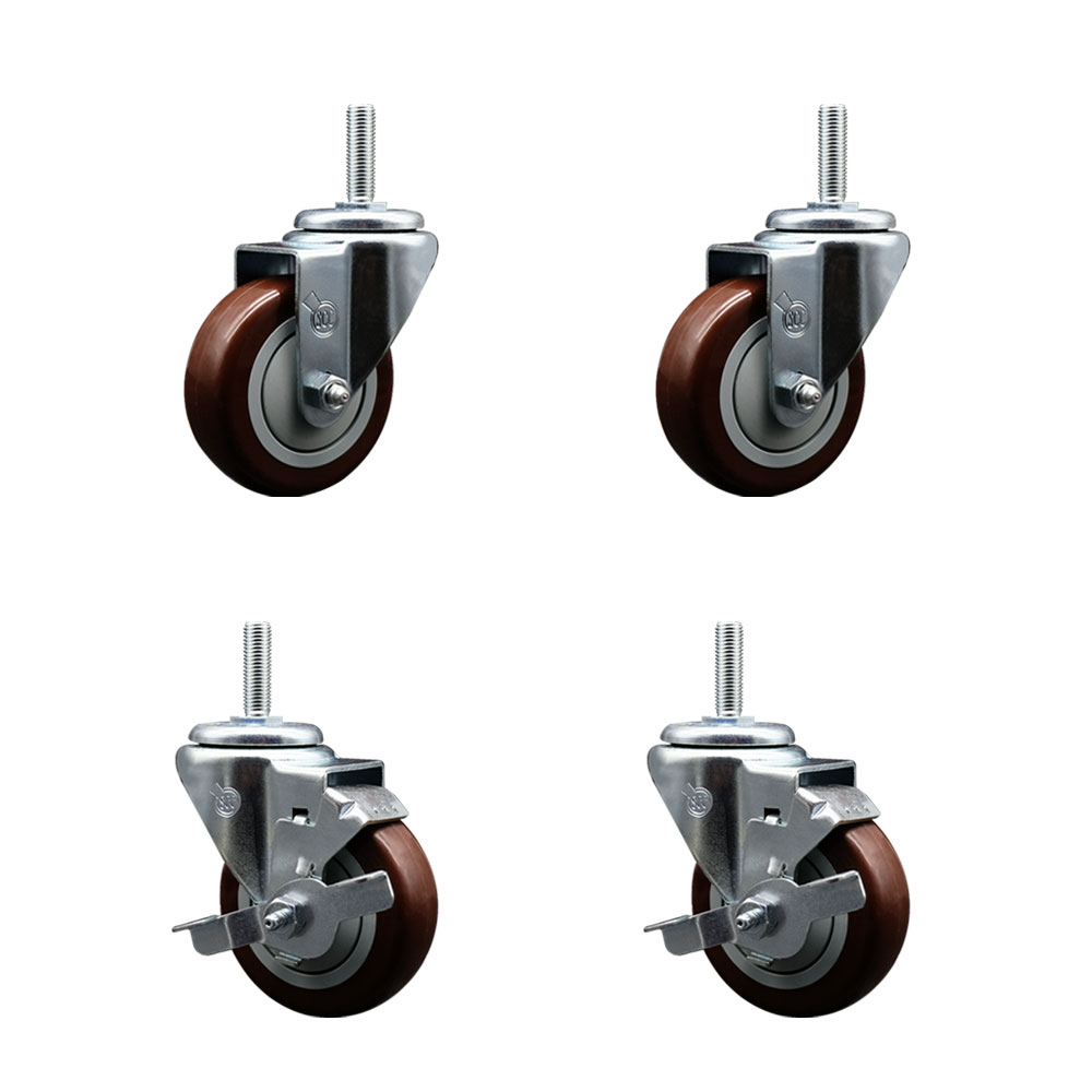 Polyurethane Swivel Threaded Stem Caster Set of 4 w/3.5" x 1.25" Maroon Wheels and 3/4" Stems - Includes 2 with Top Locking Brake - 1,200 lbs Total Capacity - Service Caster Brand — photo 1
