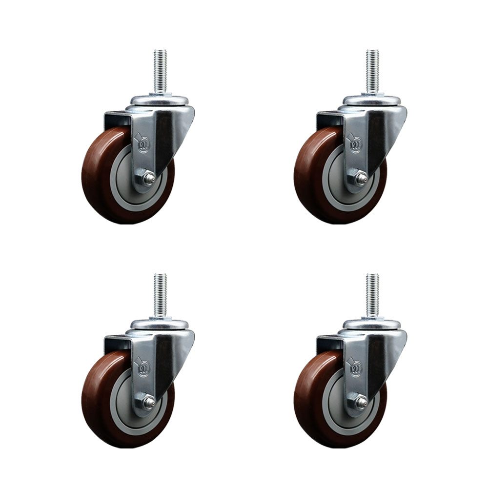 Polyurethane Swivel Threaded Stem Caster Set of 4 w/3.5" x 1.25" Maroon Wheels and 3/4" Stems - Includes 4 Swivel - 1,200 lbs Total Capacity - Service Caster Brand — photo 1