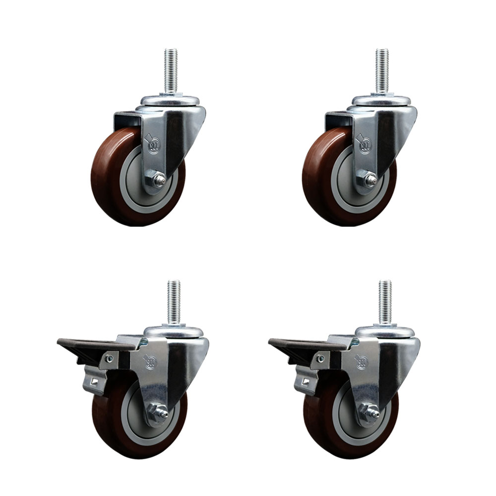 Polyurethane Swivel Threaded Stem Caster Set of 4 w/3.5" x 1.25" Maroon Wheels and 5/8" Stems - Includes 2 with Posi Locking Brake - 1,200 lbs Total Capacity - Service Caster Brand — photo 1