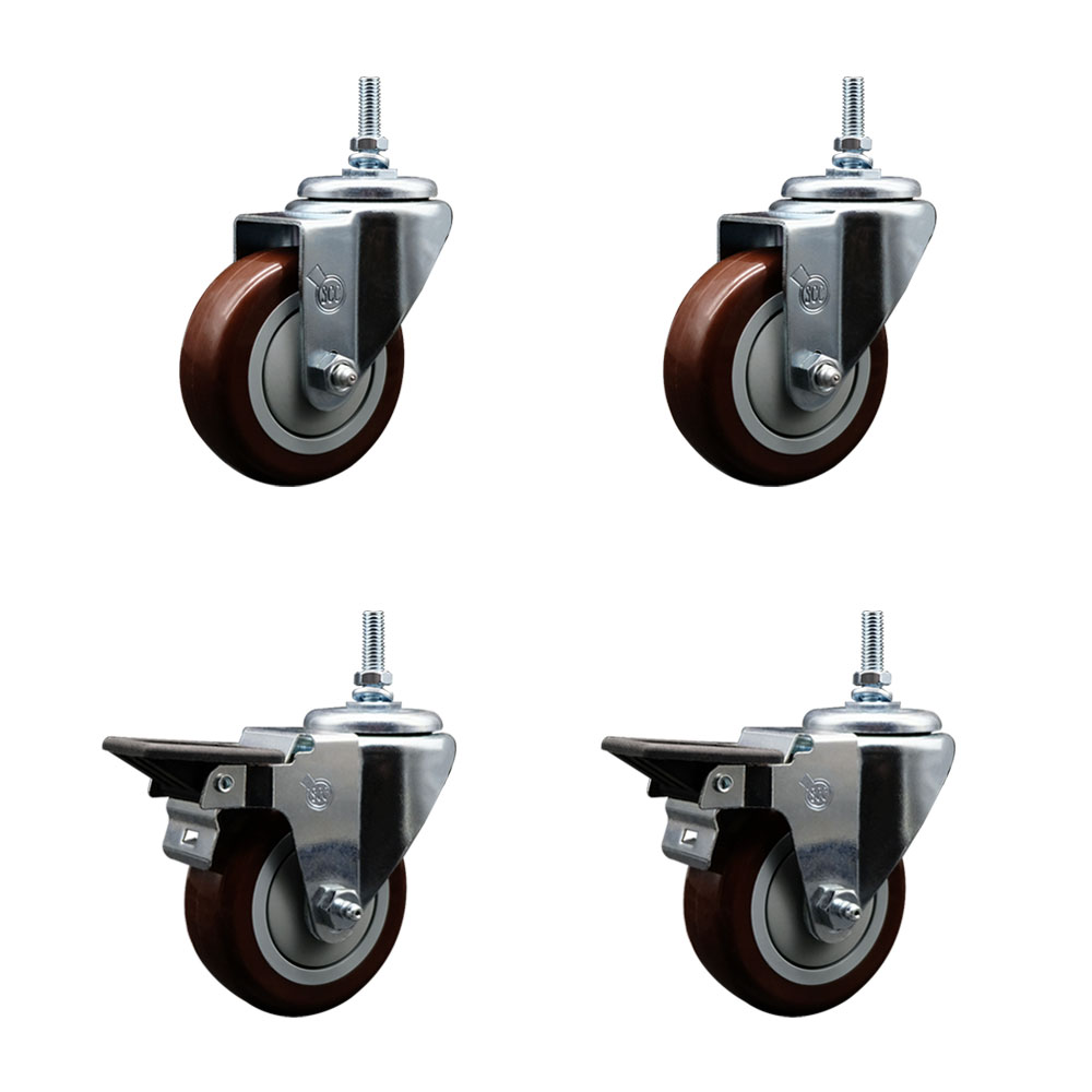 Polyurethane Swivel Threaded Stem Caster Set of 4 w/3.5" x 1.25" Maroon Wheels and 12MM Stems - Includes 2 with Posi Locking Brake - 1,200 lbs Total Capacity - Service Caster Brand — photo 1