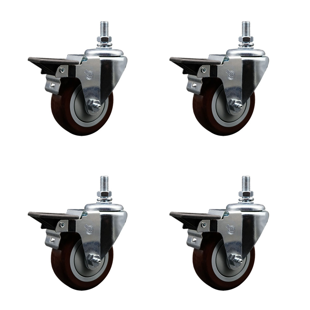 Polyurethane Swivel Threaded Stem Caster Set of 4 w/3.5" x 1.25" Maroon Wheels and 1/2" Stems - Includes 4 with Posi Lock Brakes - 1,200 lbs Total Capacity - Service Caster Brand — photo 1