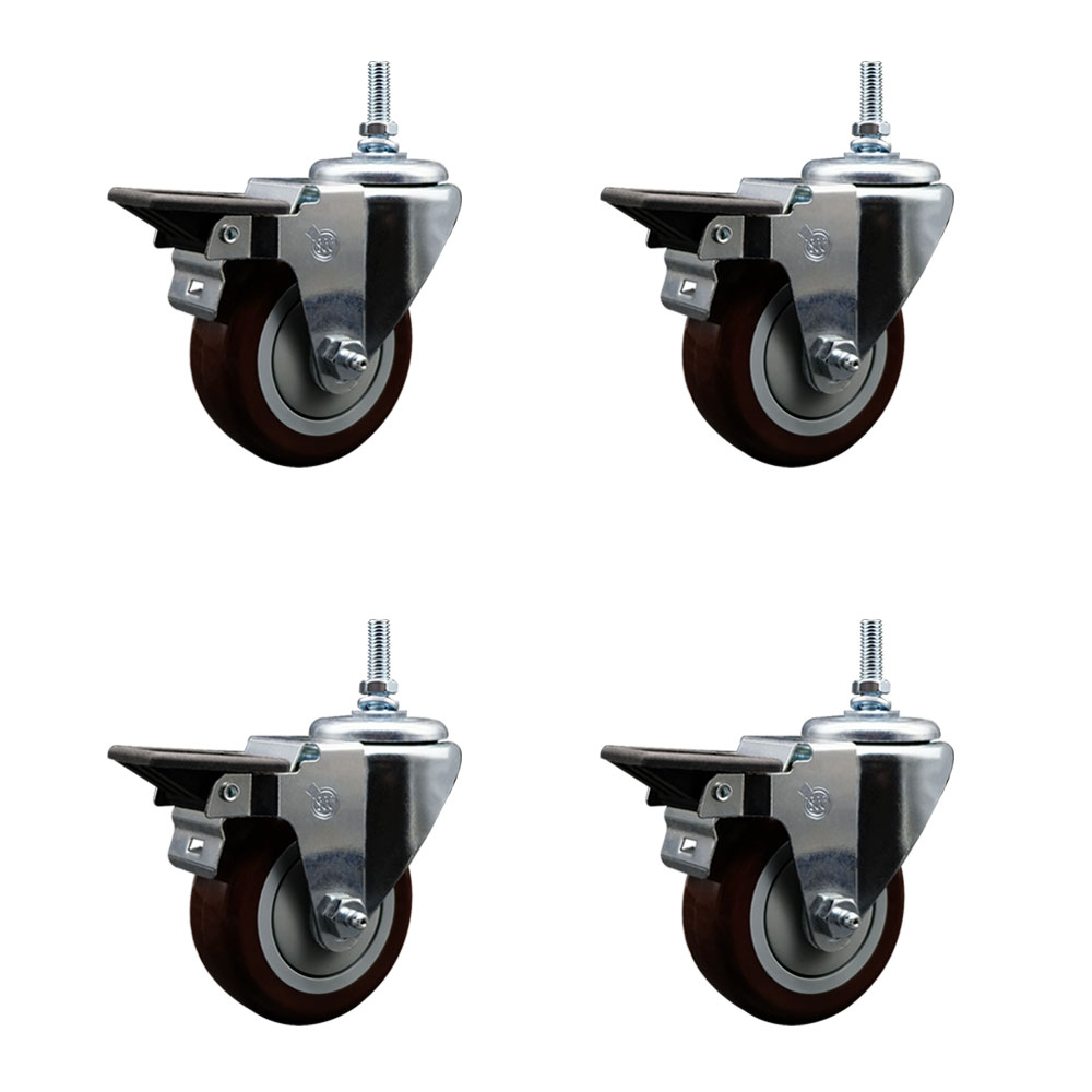 Polyurethane Swivel Threaded Stem Caster Set of 4 w/3.5" x 1.25" Maroon Wheels and 3/8" Stems - Includes 4 with Posi Lock Brakes - 1,200 lbs Total Capacity - Service Caster Brand — photo 1