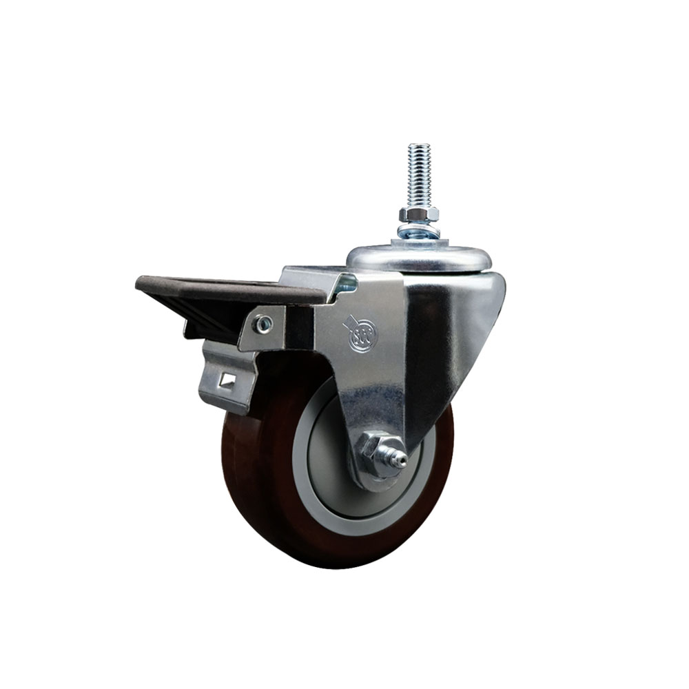 Polyurethane Swivel Threaded Stem Caster w/3.5" x 1.25" Maroon Wheel and 3/8" Stem & Posi Locking Brake - 300 lbs Capacity/Caster - Service Caster Brand — photo 1