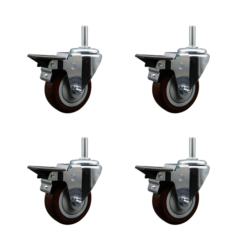 Polyurethane Swivel Threaded Stem Caster Set of 4 w/3.5" x 1.25" Maroon Wheels and 5/8" Stems - Includes 4 with Posi Lock Brakes - 1,200 lbs Total Capacity - Service Caster Brand — photo 1