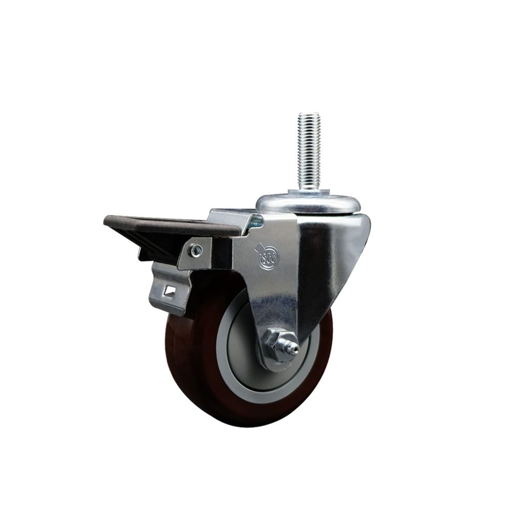 Polyurethane Swivel Threaded Stem Caster w/3.5" x 1.25" Maroon Wheel and 5/8" Stem & Posi Locking Brake - 300 lbs Capacity/Caster - Service Caster Brand — photo 1