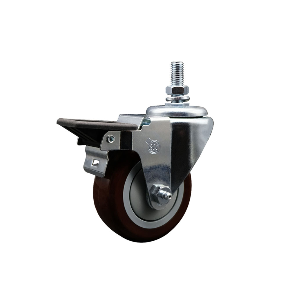Polyurethane Swivel Threaded Stem Caster w/3.5" x 1.25" Maroon Wheel and 10MM Stem & Posi Locking Brake - 300 lbs Capacity/Caster - Service Caster Brand — photo 1