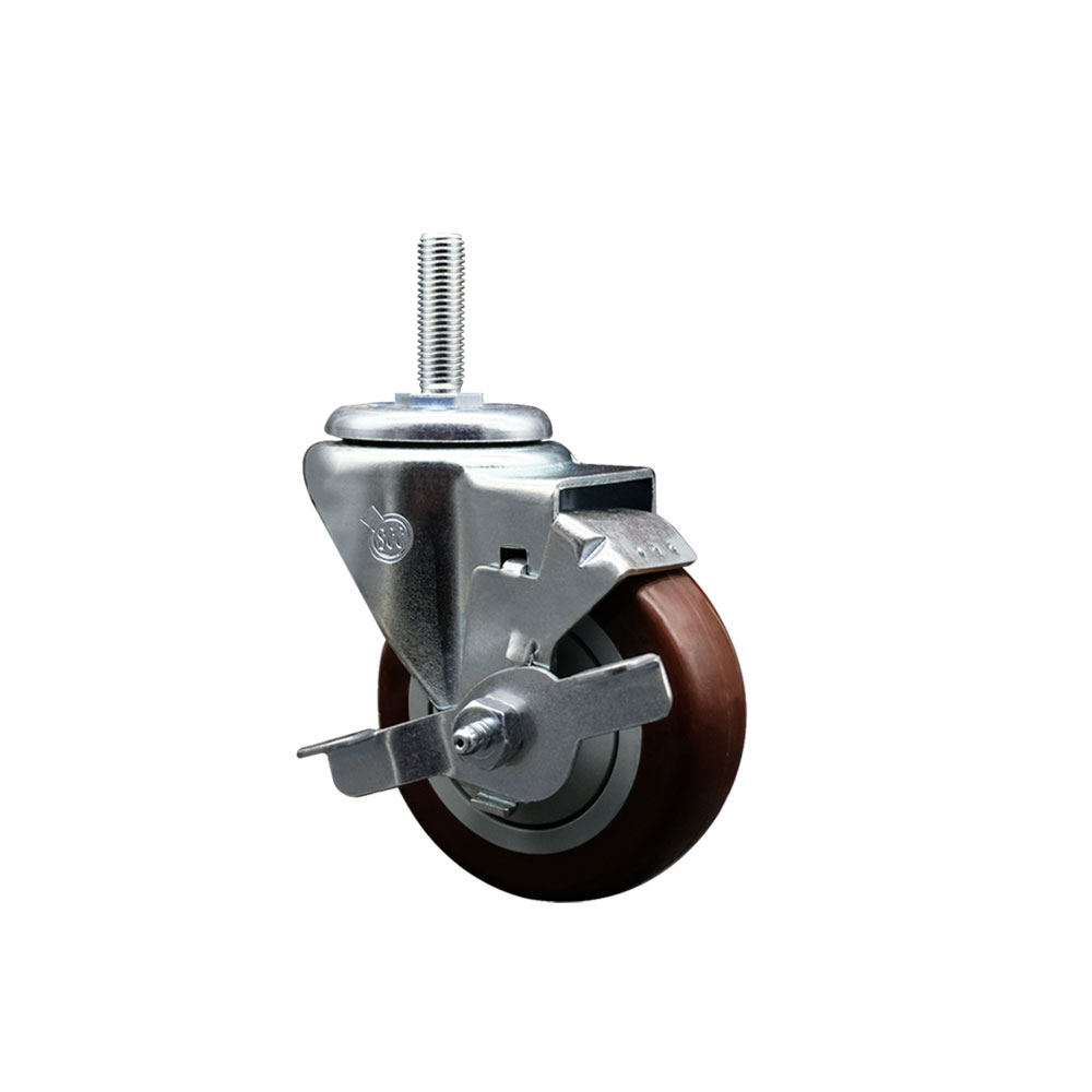 Polyurethane Swivel Threaded Stem Caster w/3.5" x 1.25" Maroon Wheel and 3/4" Stem & Top Locking Brake - 300 lbs Capacity/Caster - Service Caster Brand — photo 1