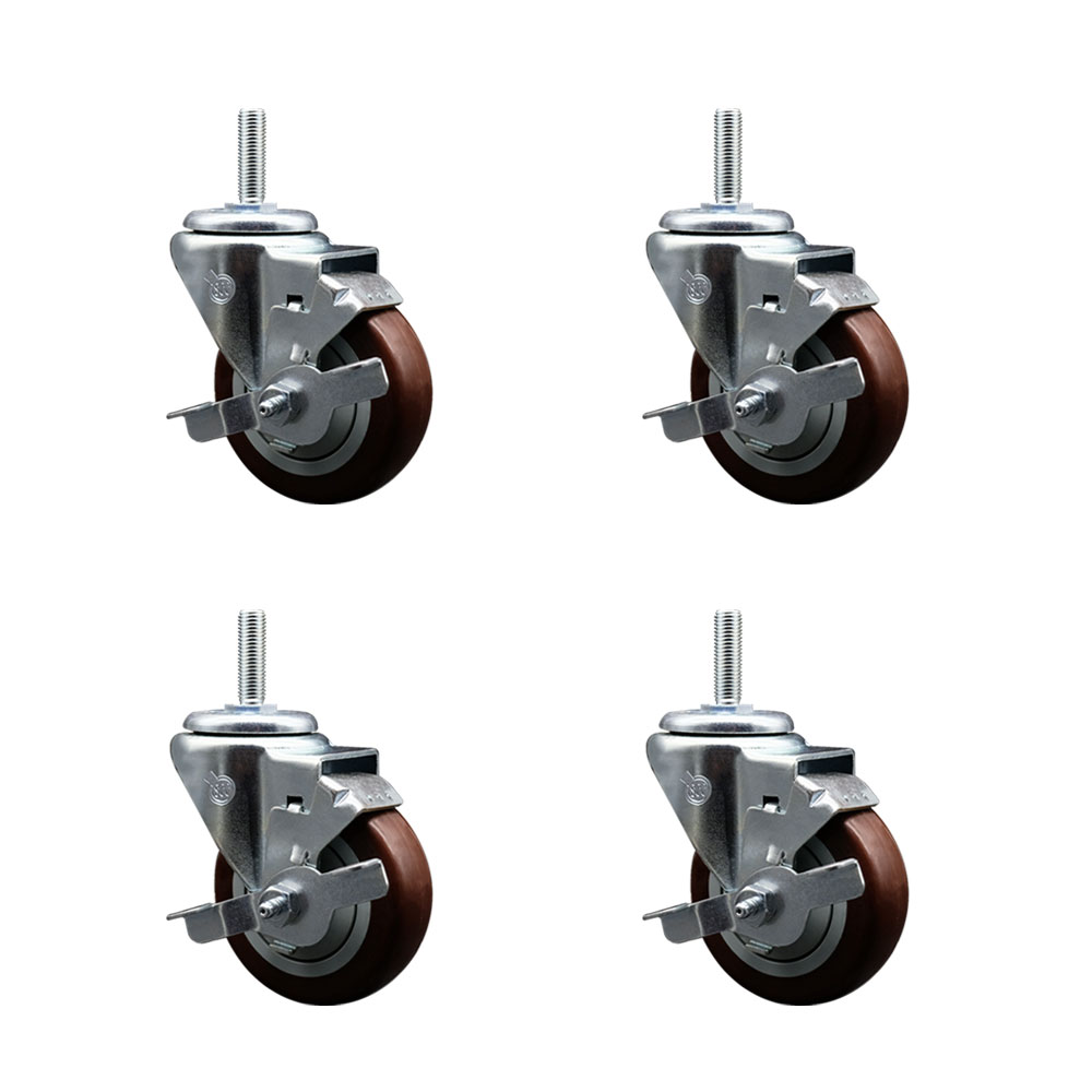 Polyurethane Swivel Threaded Stem Caster Set of 4 w/3.5" x 1.25" Maroon Wheels and 5/8" Stems - Includes 4 with Top Lock Brakes - 1,200 lbs Total Capacity - Service Caster Brand — photo 1