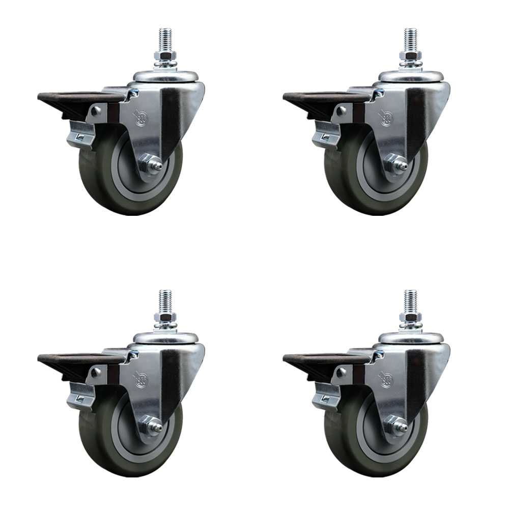 Polyurethane Swivel Threaded Stem Caster Set of 4 w/3.5" x 1.25" Gray Wheels and 1/2" Stems - Includes 4 with Posi Lock Brakes - 1,200 lbs Total Capacity - Service Caster Brand — photo 1