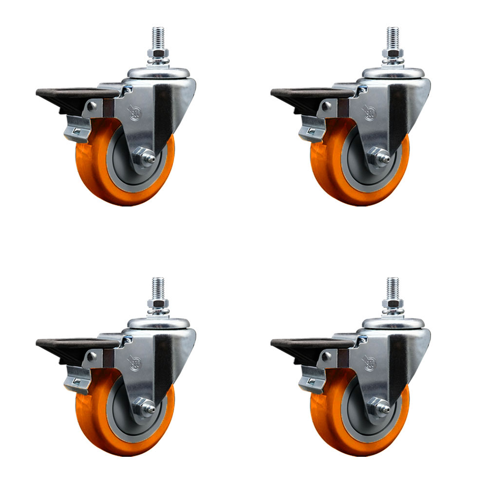 Polyurethane Swivel Threaded Stem Caster Set of 4 w/3.5" x 1.25" Orange Wheels and 1/2" Stems - Includes 4 with Posi Lock Brakes - 1,200 lbs Total Capacity - Service Caster Brand — photo 1