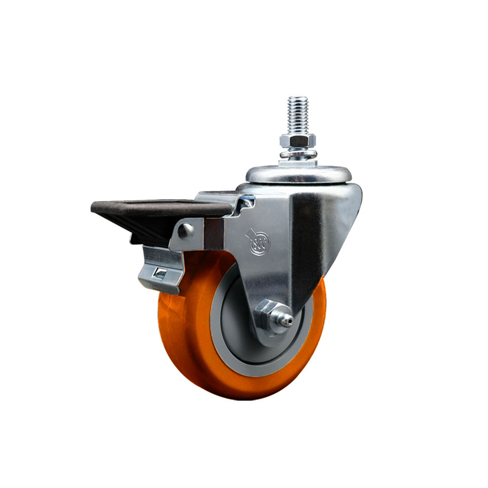 Polyurethane Swivel Threaded Stem Caster w/3.5" x 1.25" Orange Wheel and 1/2" Stem & Posi Locking Brake - 300 lbs Capacity/Caster - Service Caster Brand — photo 1