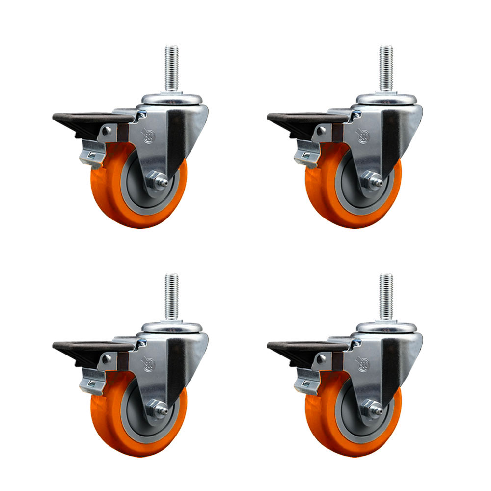 Polyurethane Swivel Threaded Stem Caster Set of 4 w/3.5" x 1.25" Orange Wheels and 3/4" Stems - Includes 4 with Posi Lock Brakes - 1,200 lbs Total Capacity - Service Caster Brand — photo 1