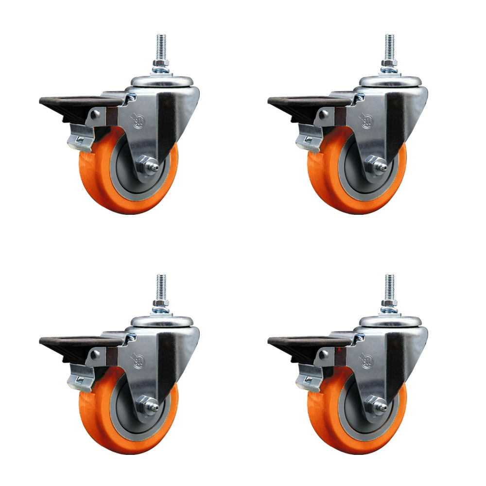 Polyurethane Swivel Threaded Stem Caster Set of 4 w/3.5" x 1.25" Orange Wheels and 3/8" Stems - Includes 4 with Posi Lock Brakes - 1,200 lbs Total Capacity - Service Caster Brand — photo 1