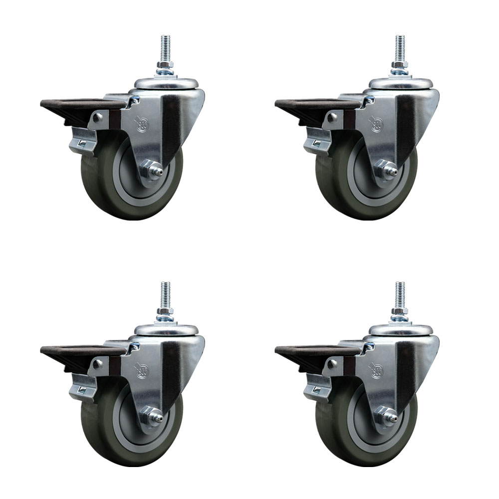 Polyurethane Swivel Threaded Stem Caster Set of 4 w/3.5" x 1.25" Gray Wheels and 3/8" Stems - Includes 4 with Posi Lock Brakes - 1,200 lbs Total Capacity - Service Caster Brand — photo 1