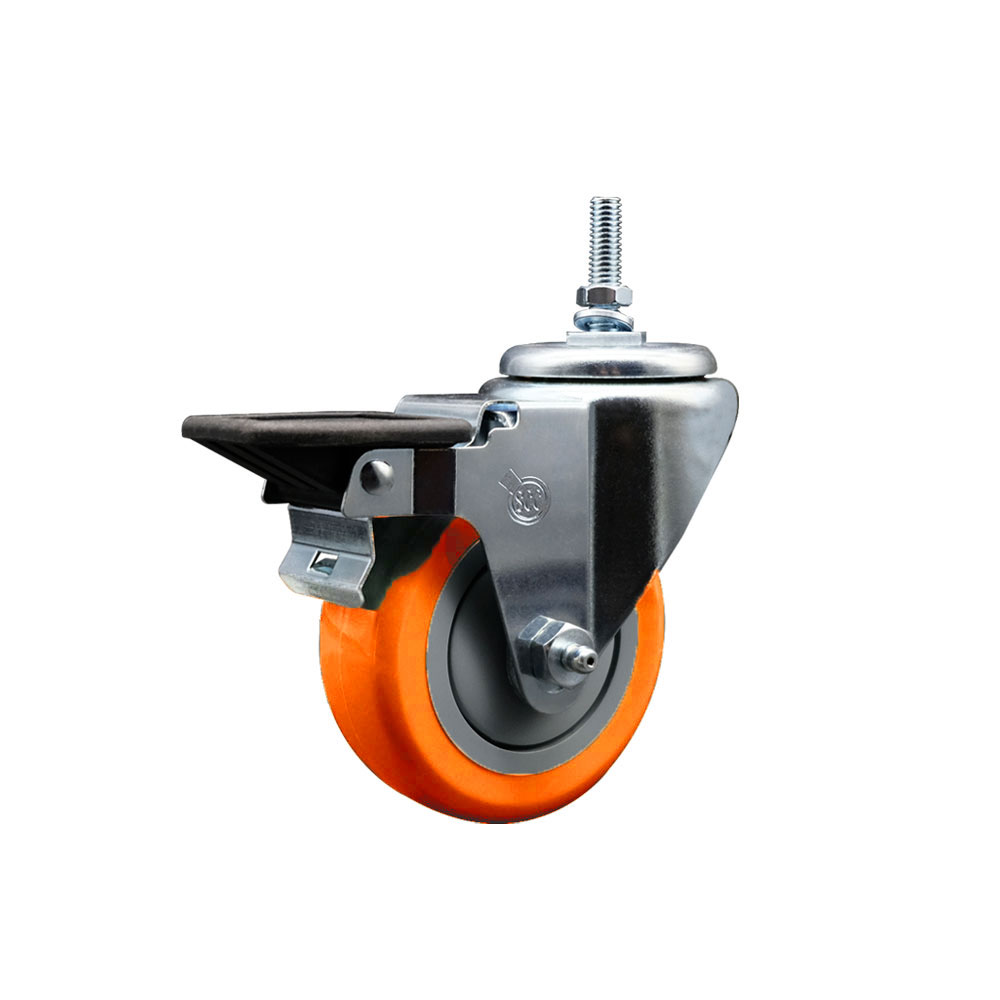 Polyurethane Swivel Threaded Stem Caster w/3.5" x 1.25" Orange Wheel and 3/8" Stem & Posi Locking Brake - 300 lbs Capacity/Caster - Service Caster Brand — photo 1