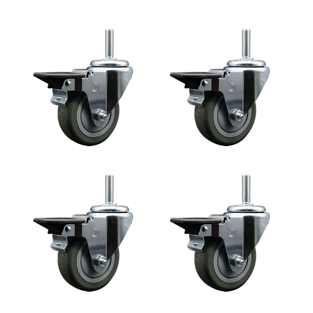 Polyurethane Swivel Threaded Stem Caster Set of 4 w/3.5" x 1.25" Gray Wheels and 5/8" Stems - Includes 4 with Posi Lock Brakes - 1,200 lbs Total Capacity - Service Caster Brand — photo 1