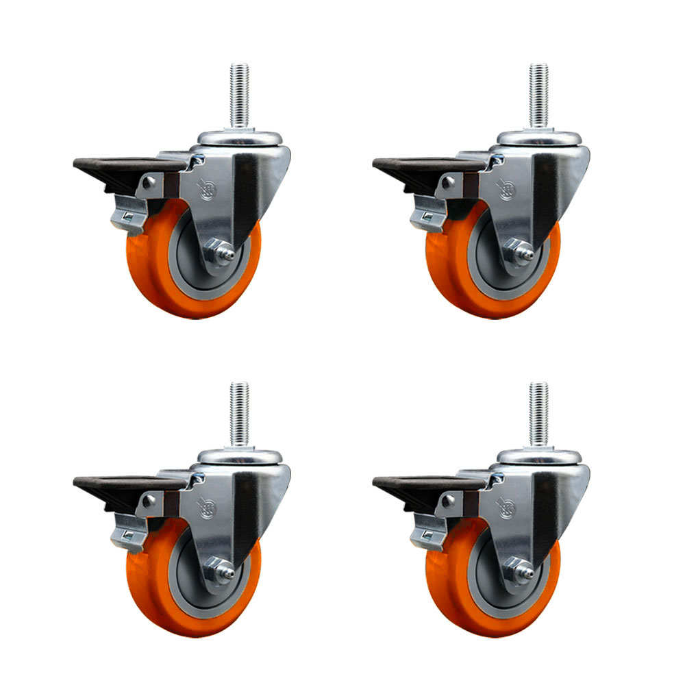 Polyurethane Swivel Threaded Stem Caster Set of 4 w/3.5" x 1.25" Orange Wheels and 5/8" Stems - Includes 4 with Posi Lock Brakes - 1,200 lbs Total Capacity - Service Caster Brand — photo 1