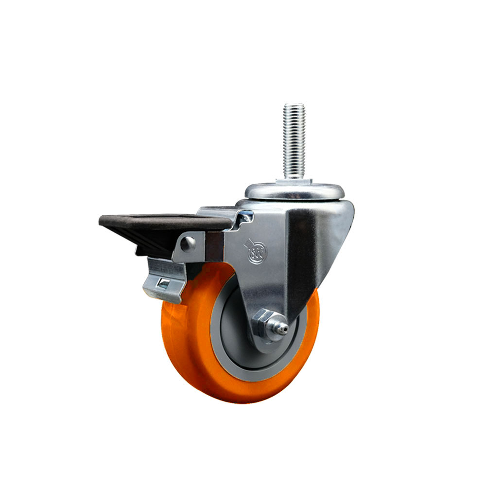 Polyurethane Swivel Threaded Stem Caster w/3.5" x 1.25" Orange Wheel and 5/8" Stem & Posi Locking Brake - 300 lbs Capacity/Caster - Service Caster Brand — photo 1
