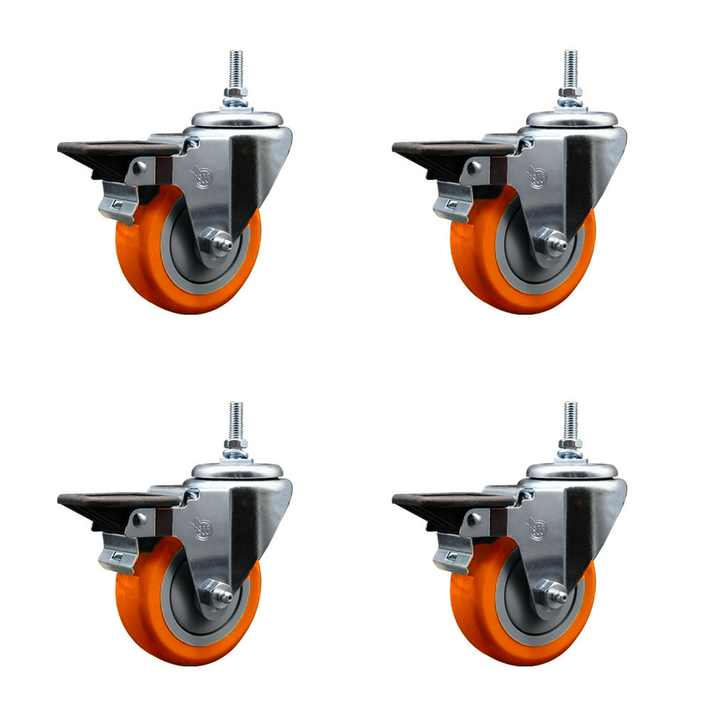 Polyurethane Swivel Threaded Stem Caster Set of 4 w/3.5" x 1.25" Orange Wheels and 12MM Stems - Includes 4 with Posi Lock Brakes - 1,200 lbs Total Capacity - Service Caster Brand — photo 1