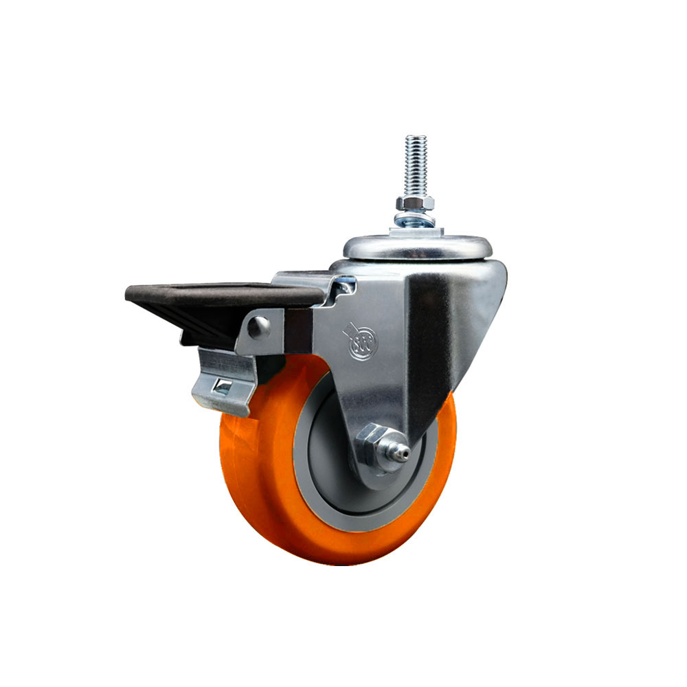 Polyurethane Swivel Threaded Stem Caster w/3.5" x 1.25" Orange Wheel and 12MM Stem & Posi Locking Brake - 300 lbs Capacity/Caster - Service Caster Brand — photo 1