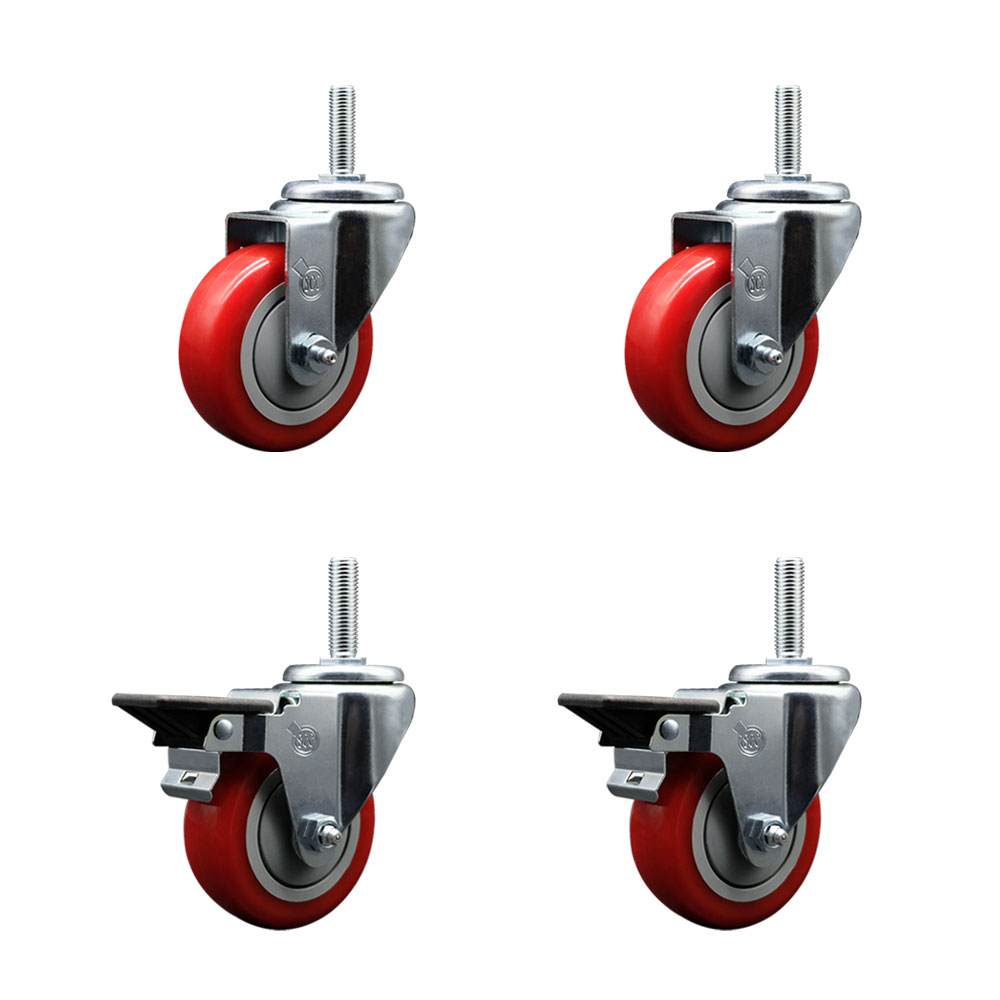 Polyurethane Swivel Threaded Stem Caster Set of 4 w/3.5" x 1.25" Red Wheels and 3/4" Stems - Includes 2 with Posi Locking Brake - 1,200 lbs Total Capacity - Service Caster Brand — photo 1