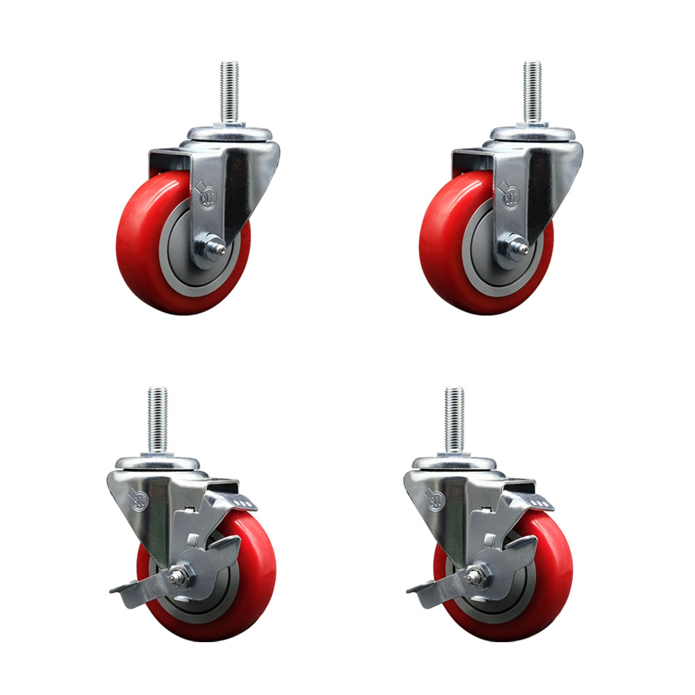Polyurethane Swivel Threaded Stem Caster Set of 4 w/3.5" x 1.25" Red Wheels and 5/8" Stems - Includes 2 with Top Locking Brake - 1,200 lbs Total Capacity - Service Caster Brand — photo 1