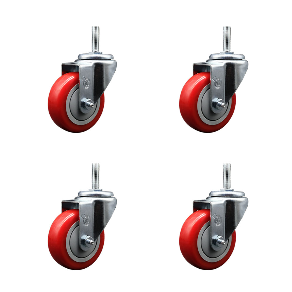 Polyurethane Swivel Threaded Stem Caster Set of 4 w/3.5" x 1.25" Red Wheels and 5/8" Stems - Includes 4 Swivel - 1,200 lbs Total Capacity - Service Caster Brand — photo 1